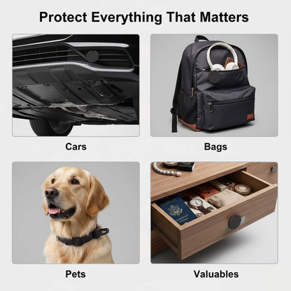 Detail: Vier Anwendungsbeispiele mit Tracker unter dem Auto, am Rucksack, am Hundehalsband und an einer Schublade