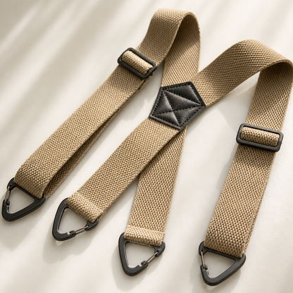 Beige X-Hosenträger mit schwarzem Lederkreuz, Längenverstellern und dreieckigen Clips auf hellem Untergrund liegend. 5