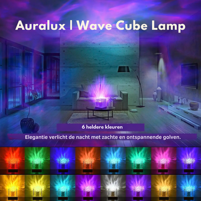 Wellenwürfel-LED-Tischlampe in einem dunklen Wohnzimmer mit violettem Licht