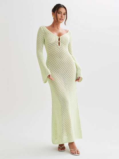 Langes Strandkleid mit Rückenausschnitt und V-Ausschnitt – Celina