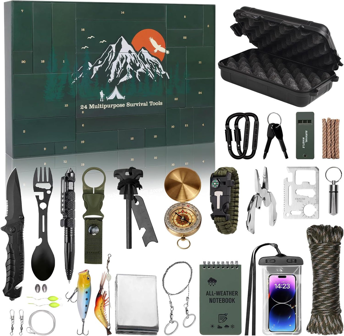 Dunkelgrüner Adventskalender mit Berglandschaft, darunter alle Werkzeuge und die schwarze Box übersichtlich ausgelegt 1