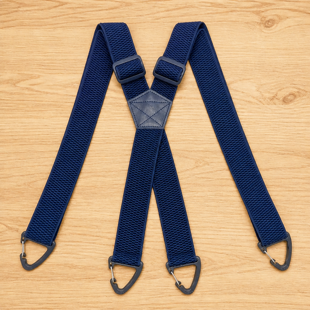 Marineblaue X-Hosenträger mit Verstellschnallen am Rücken und vier dunklen Dreiecksclips, auf Holz ausgelegt. 12