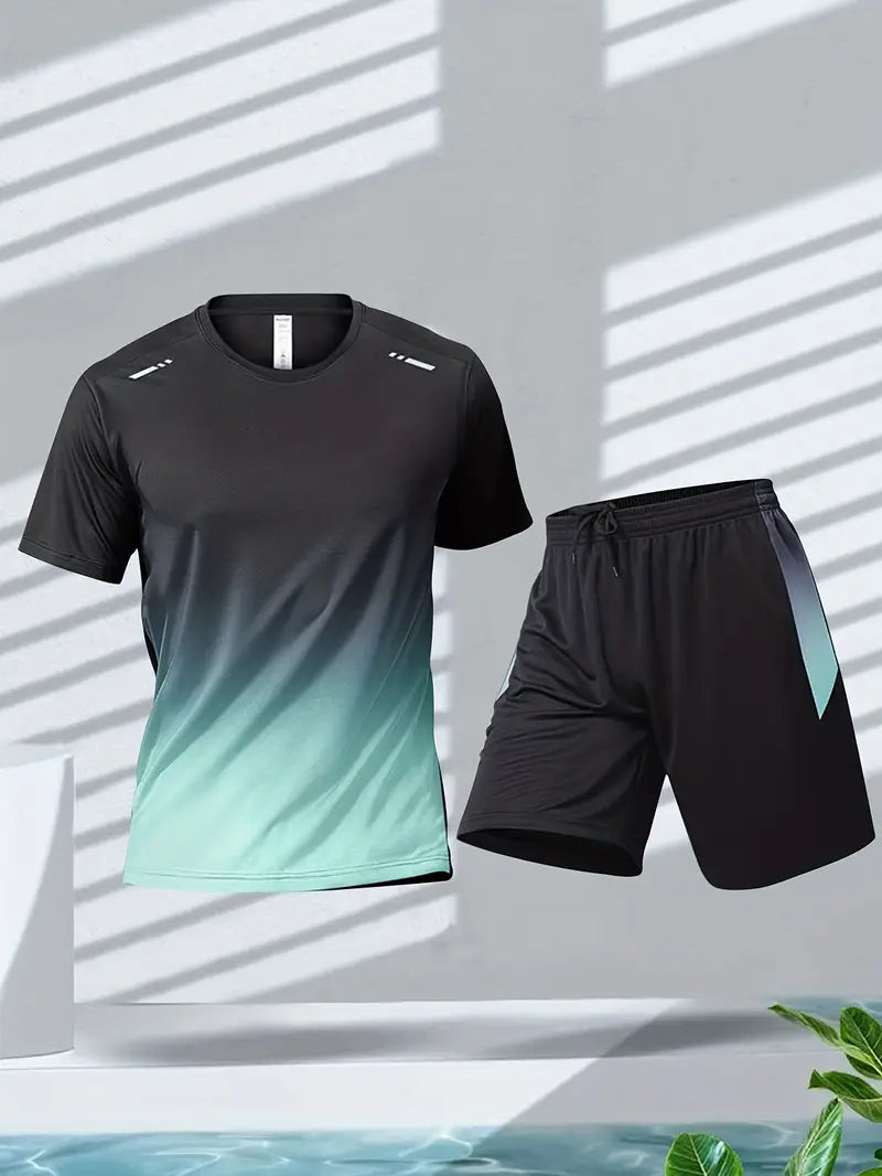 Schwarzes und grünes Sport-Set für Herren, T-Shirt und Shorts, atmungsaktiv, Fitnessbekleidung.
