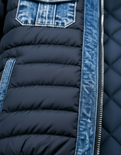 Detail der blauen Herrenjeansjacke mit gestepptem Stoff und Brusttasche