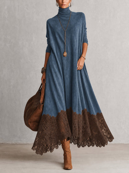 Blaues Kleid mit braunem Spitzensaum, vom Model mit Lederbeutel und Stiefeln getragen, Vorderansicht 7