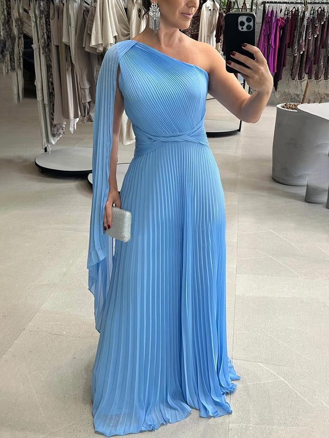Herbstliches Trendy Ein-Schulter Maxikleid mit Plisseefalten – Mirella