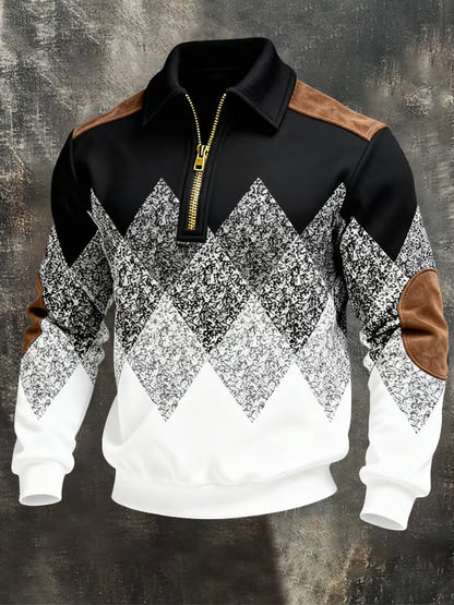 Pullover in Schwarz und Weiß mit Argyle-Muster, goldenem Viertelreißverschluss und braunen Schulter- und Ellbogenpartien 1