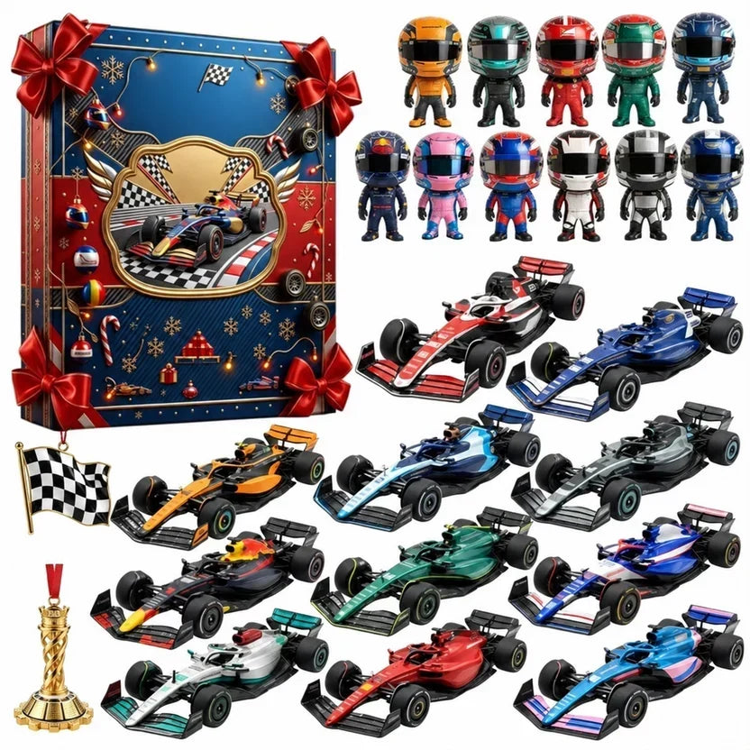 Blau-rote Schachtel mit Schleifen, daneben Formel-Rennwagen, Fahrerfiguren, Zielflagge und goldene Pokal-Miniatur 13