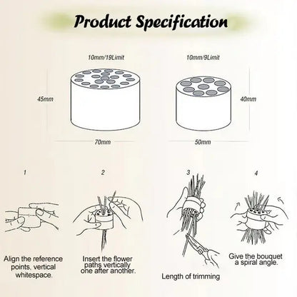 Infografik zum Blumenstecker-Vaseneinsatz mit Größen und Anwendungsschritten