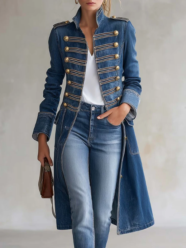 Blauer Jeansmantel mit goldenen Knöpfen und Posamenten, offen über weißem Shirt getragen.