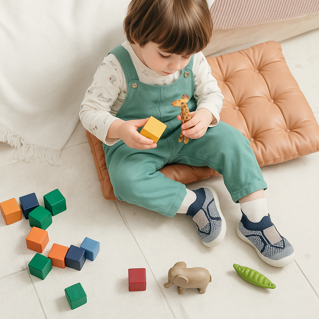 Babyschuhe aus blauer Strickware mit weißer Sohle im Einsatz