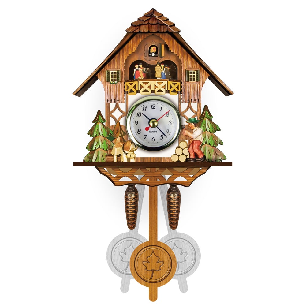 Kuckucksuhr-Wanduhr mit Schindeldach, Balkonfiguren, Holzfäller mit Baumstämmen, Hund, zwei Tannen und Pendel mit Ahornblatt. 3