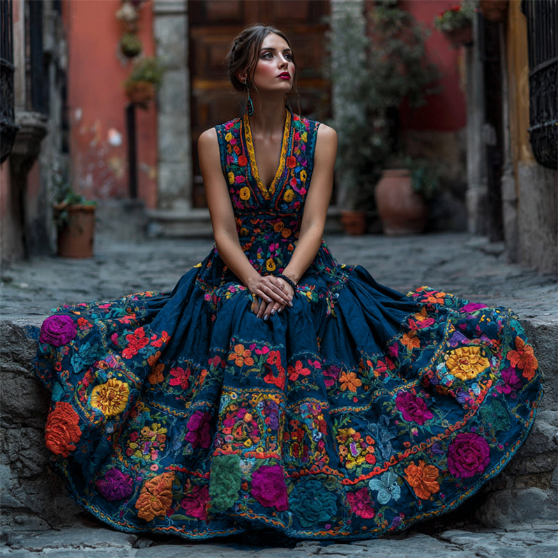 Frau auf einer Steinstufe im dunkelblauen, ärmellosen Kleid mit leuchtend bunter Blumenstickerei und weitem, gerafftem Rock. 2