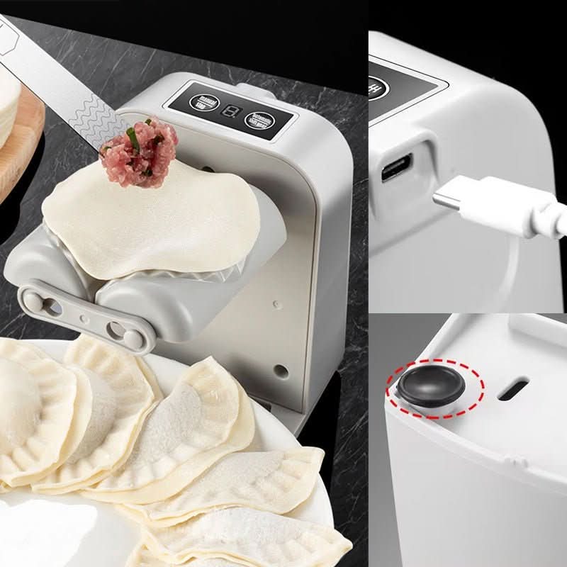Ravioli-Former aus Kunststoff in Grau im Detail mit USB-C-Ladeanschluss und Taste