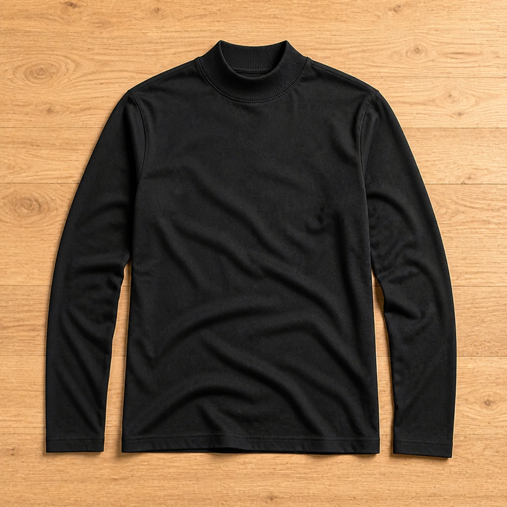 Herren Slim Fit Langarmshirt mit umklappbarem hohem Kragen in Schwarz, Draufsicht
