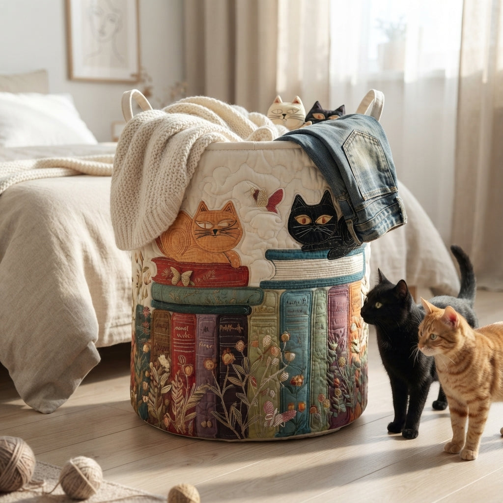 Beiger gesteppter Wäschekorb mit Katzenmuster im Schlafzimmer, weitere Ansicht