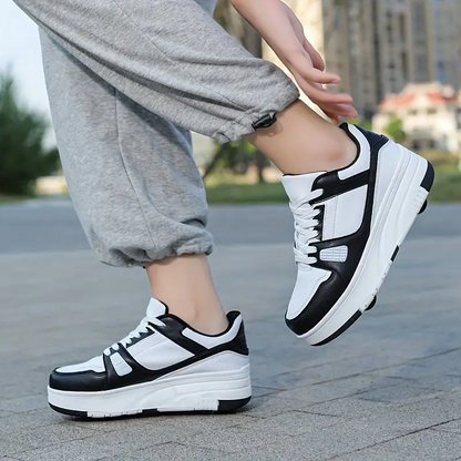 Schwarz-weiße Sneaker für Damen, Plateau, sportlich, bequem, Straßenszene, Mode.