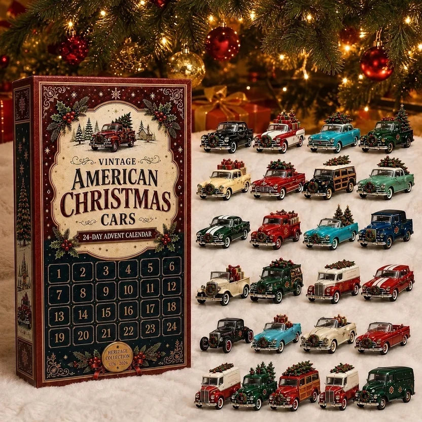 Weihnachtlich gestaltete Schachtel vor Tannenbaum, daneben Oldtimer-Modelle mit Geschenken und Bäumchen auf dem Dach 9