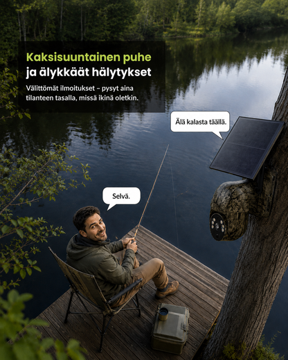 Tarn-Sicherheitskamera mit Solarpanel an einem Baum am See, mit Gegensprechfunktion