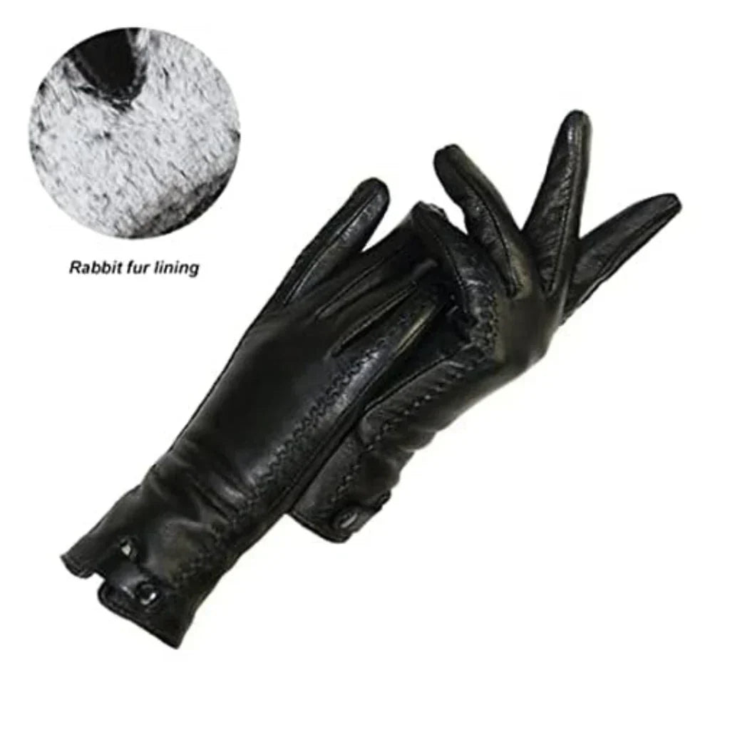 Schwarze Lederhandschuhe mit Kaninchenfellfutter, elegant, warm, Winteraccessoire.