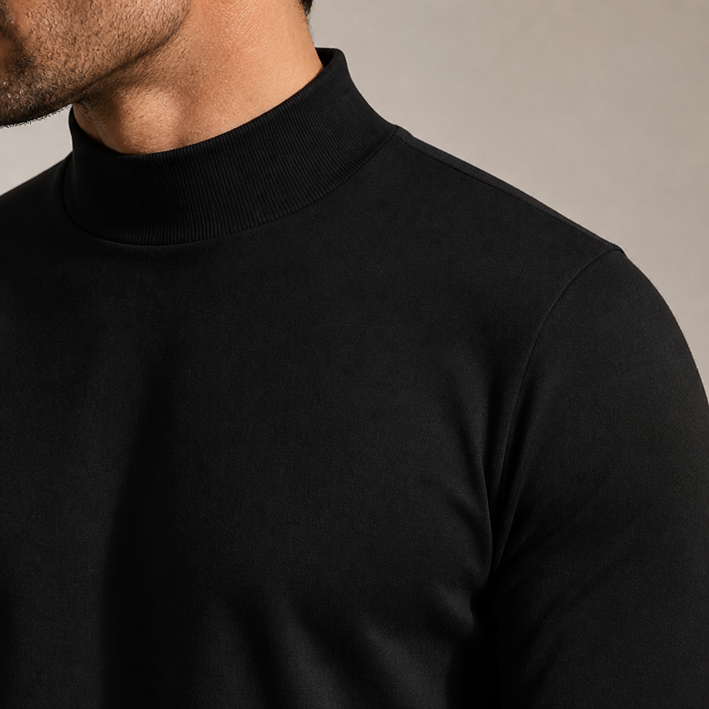 Herren Slim Fit Langarmshirt mit umklappbarem hohem Kragen in Schwarz, Detail am Kragen