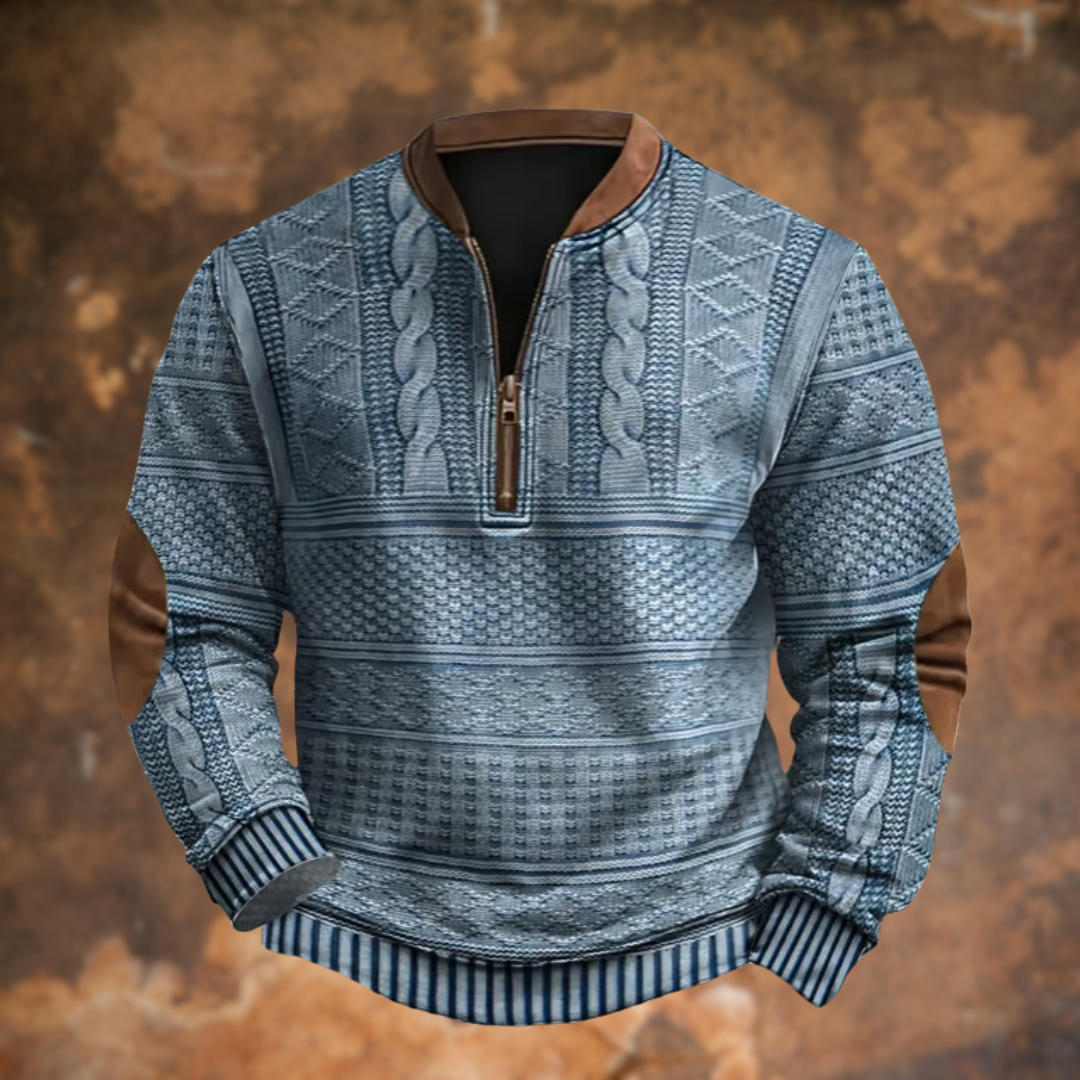 Herren-Strickpullover in Blau mit Zopfmuster, Reißverschluss am Ausschnitt und braunen Ellbogenpatches