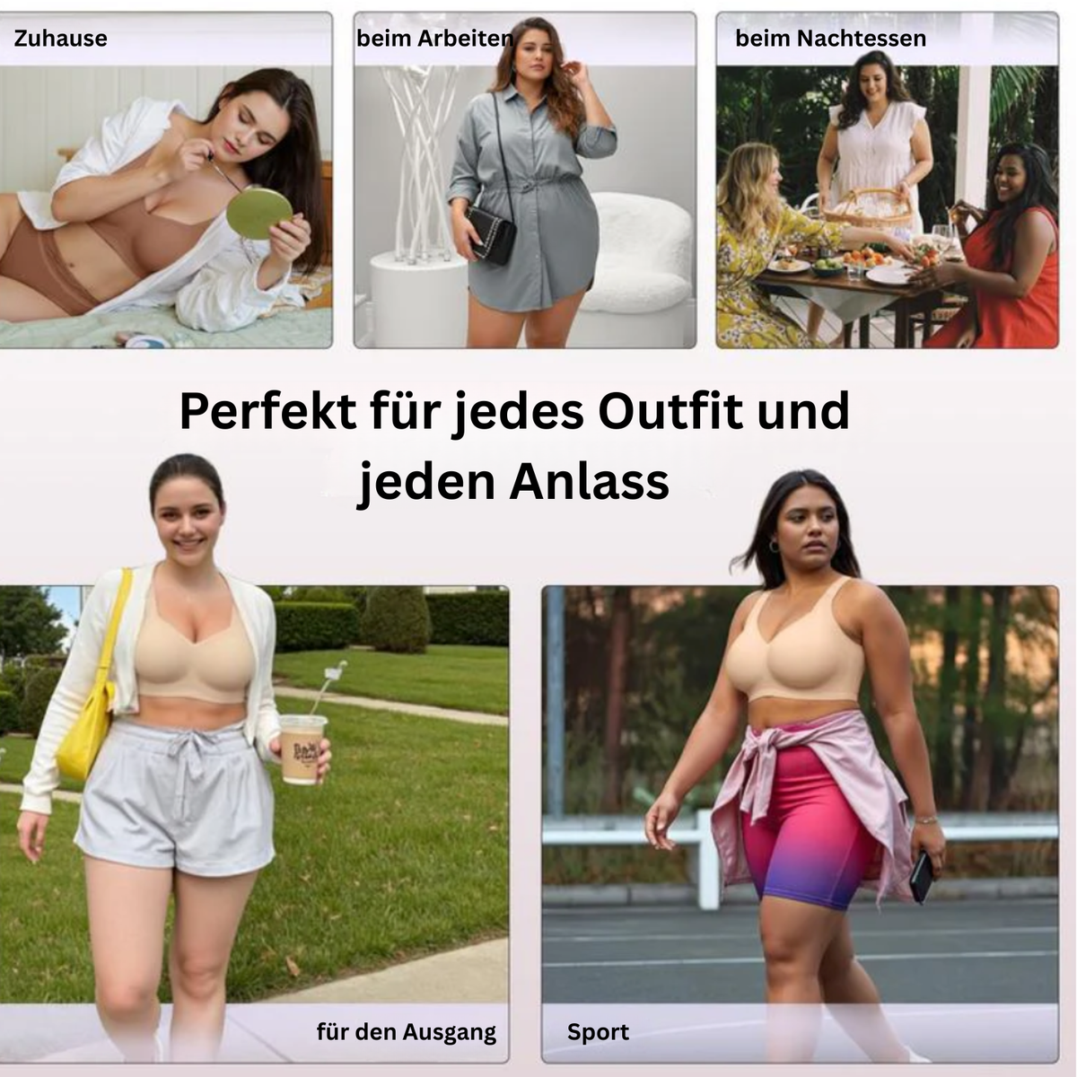 Collage von Models im beigen BH zu Hause, bei der Arbeit, beim Essen, unterwegs und beim Sport 15