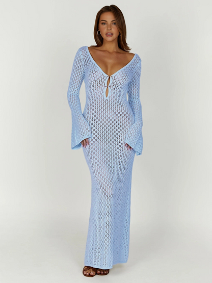 Langes Strandkleid mit Rückenausschnitt und V-Ausschnitt – Celina