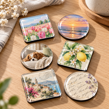 Sechs runde und quadratische Fotomagnete mit Tulpen, Sonnenuntergang, Hund, Zitronen und Postkartenmotiven auf einem 4