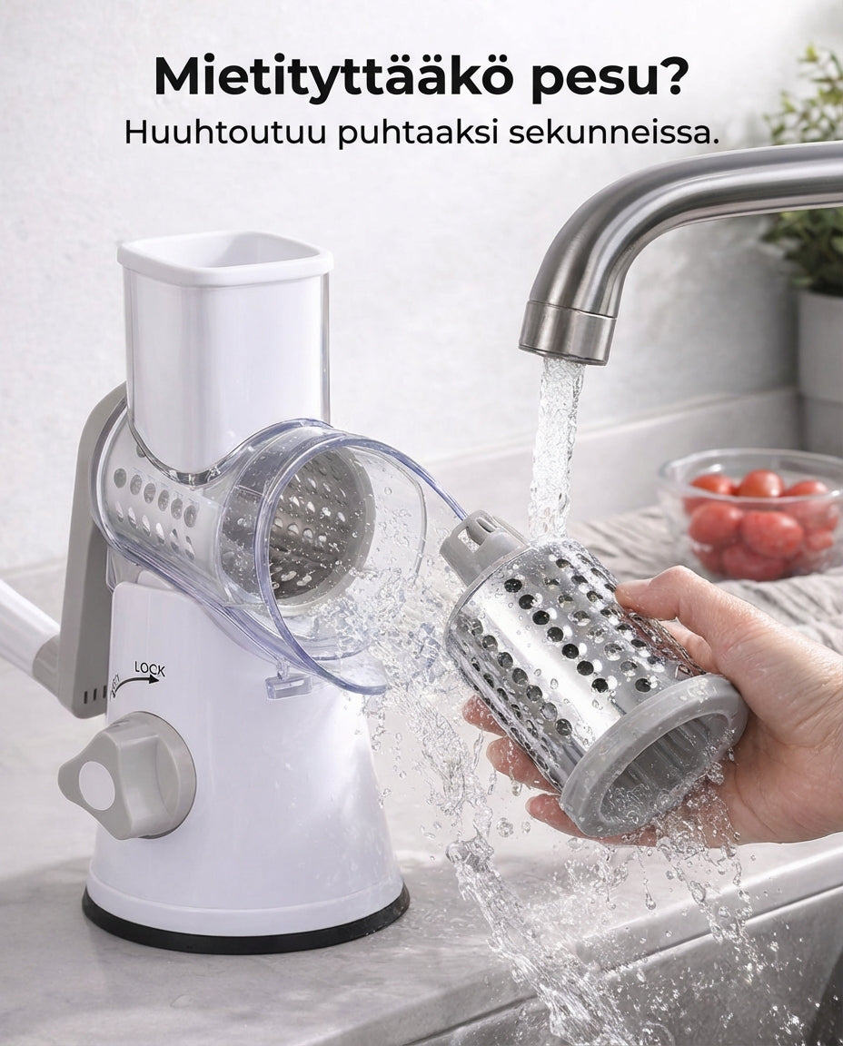 Eine Hand hält eine Trommel unter fließendes Wasser am Wasserhahn, daneben das Gerät mit abgenommener Klarsichtabdeckung.