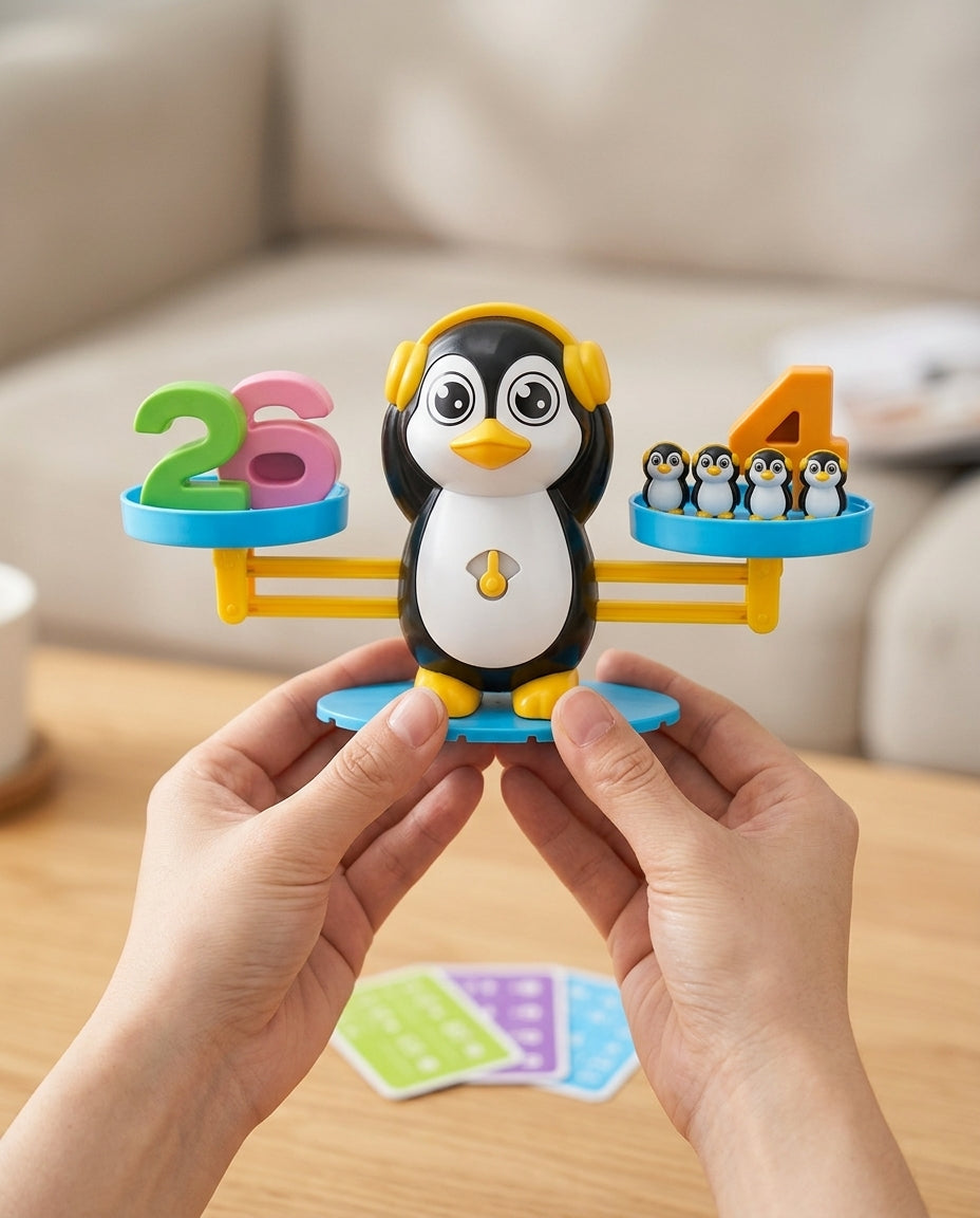 Zwei Hände halten die Pinguin-Waage mit Kopfhörern, links die Zahlen 2 und 6, rechts vier Pinguine und eine Vier 7