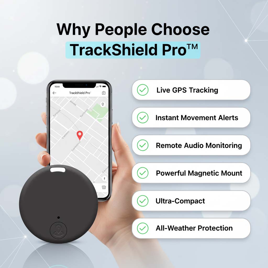 Detail: Hand hält ein Smartphone mit Karte und rotem Standortpin vor einem runden schwarzen Tracker