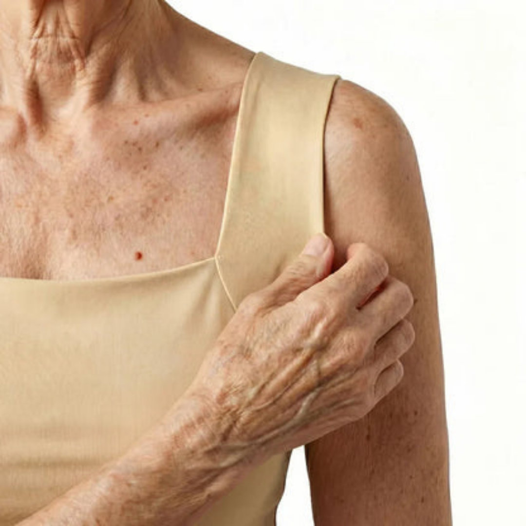 Nahaufnahme des beigen Stütz-Tops für Damen mit breitem Träger und Ausschnitt