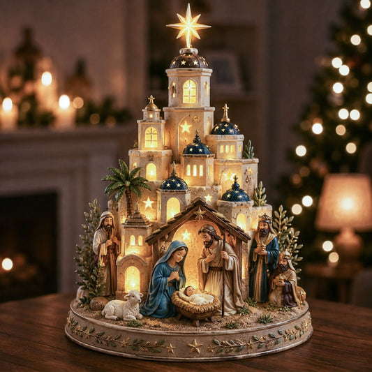 Beleuchteter Kirchturm der Geburtskirche von Bethlehem in Beige, Blau, Gold und Weiß in der Gesamtansicht