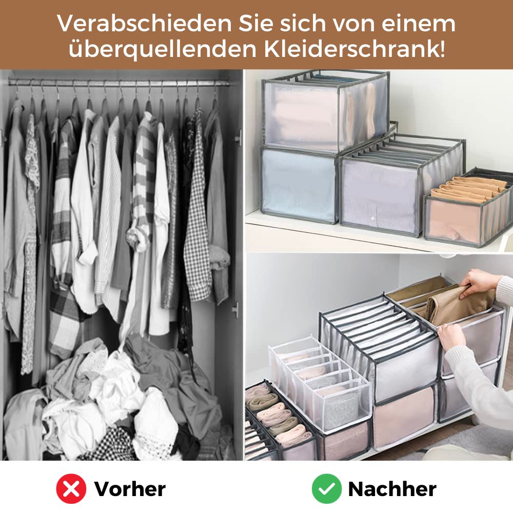Schrank-Organizer-Boxen, another view mit geordneter Kleidung in Regal und Schublade.