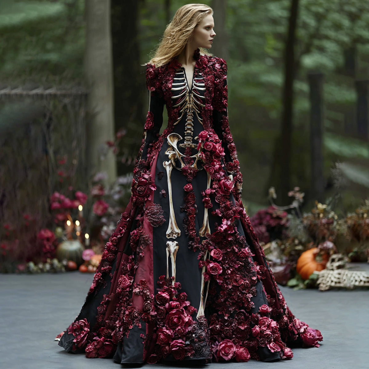 Maxikleid mit Skelett-Print und dunkelroten Rosenapplikationen, etwas weiter herausgezoomt, Model im Wald mit Kürbis und Kerzen im Hintergrund. 5