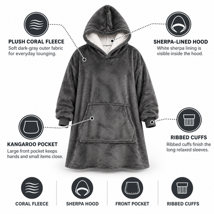 Dunkelgraue Ultraweiche Oversize-Sherpa-Hoodie-Decke (mit Tasche) von vorne mit Symbolen zu Fleece, Sherpa-Kapuze, Känguru-Tasche und gerippten Bündchen.
