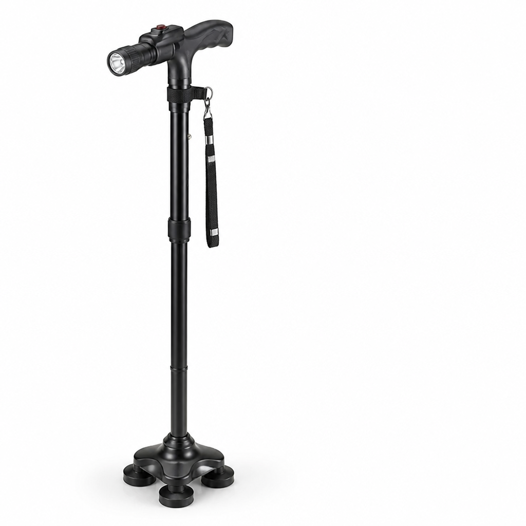 Schwarzer Gehstock von der Seite mit geschwungenem T-Griff, LED-Lampe, Handschlaufe und breitem vierfüßigem Standfuß im Detail. 6