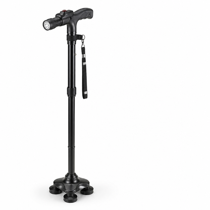 Schwarzer Gehstock von der Seite mit geschwungenem T-Griff, LED-Lampe, Handschlaufe und breitem vierfüßigem Standfuß im Detail. 6