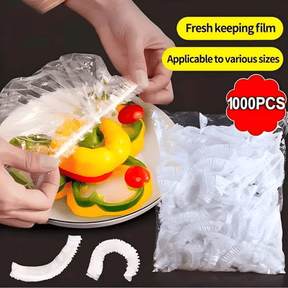 1000 elastische Einweg-Lebensmittelabdeckungen, detail mit Teller mit Paprika und Tomaten