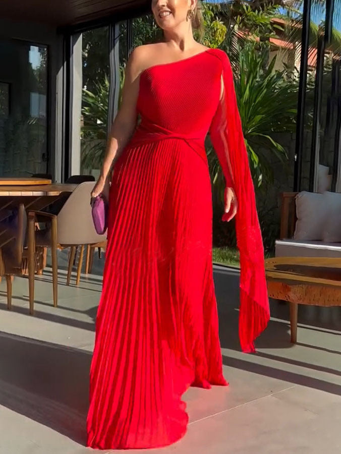 Herbstliches Trendy Ein-Schulter Maxikleid mit Plisseefalten – Mirella