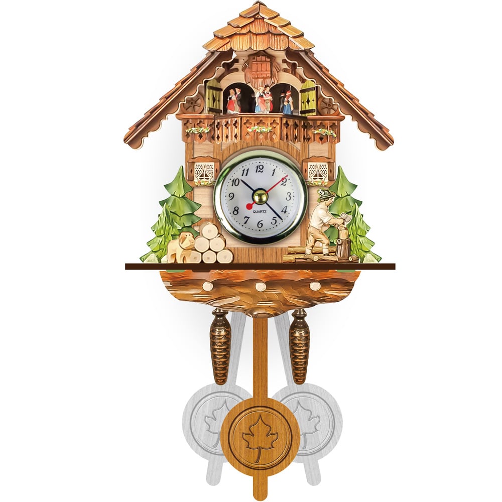 Wanduhr im Chalet-Stil mit Tanzpaaren auf dem Balkon, Holzfäller, Holzstapel mit Hund, grünen Tannen und Pendel mit Ahornblatt. 4