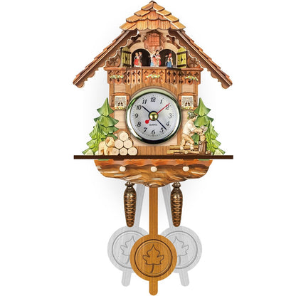 Wanduhr im Chalet-Stil mit Tanzpaaren auf dem Balkon, Holzfäller, Holzstapel mit Hund, grünen Tannen und Pendel mit Ahornblatt. 4