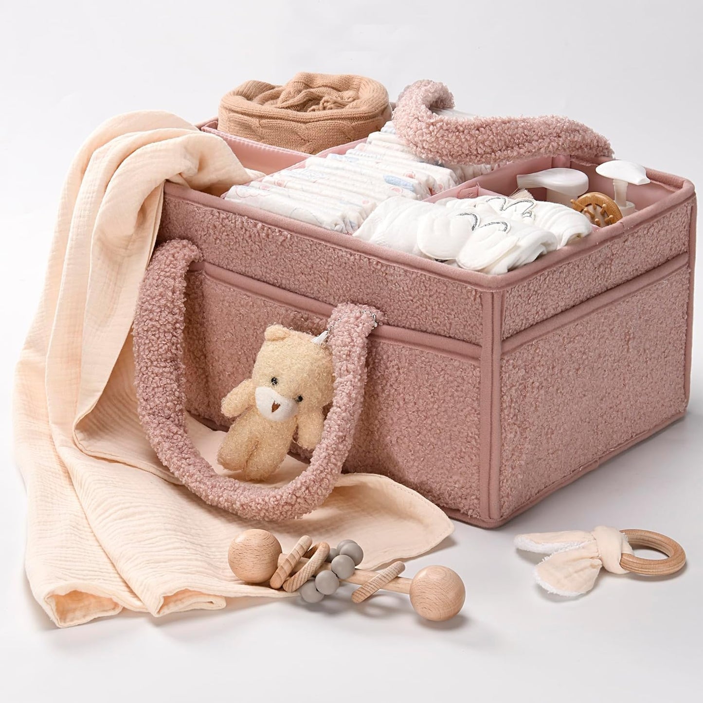 Baby Nappy Caddy Organizer – Plüsch Sherpa Aufbewahrungskorb mit Fächern – Elvoria
