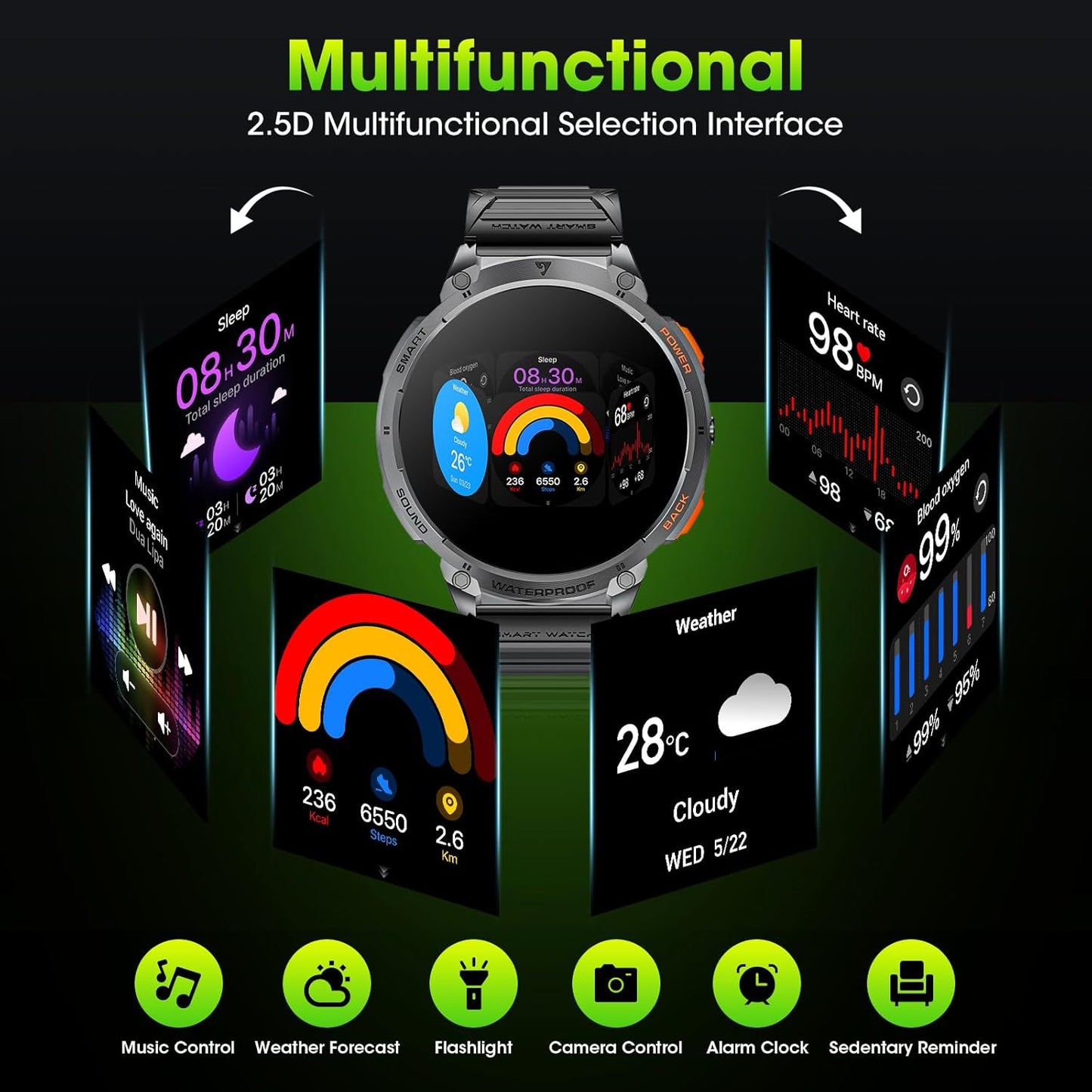 Militärische Smartwatch für Männer mit 1,85" HD-Bildschirm und Taschenlampe