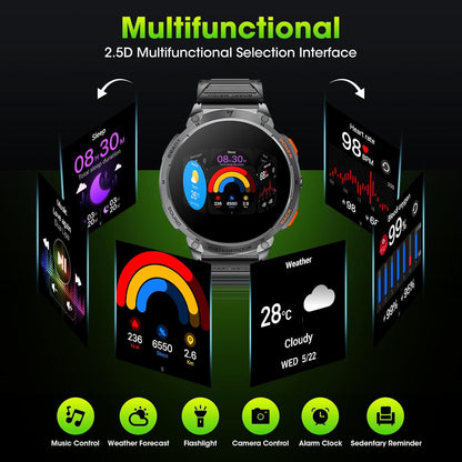 Militärische Smartwatch für Männer mit 1,85" HD-Bildschirm und Taschenlampe