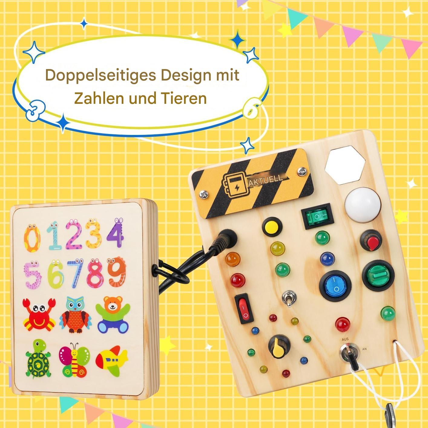 Doppelseitiges Holzspielzeug mit Zahlen, Tieren und Lichtern für Kinder, Lernspielzeug.