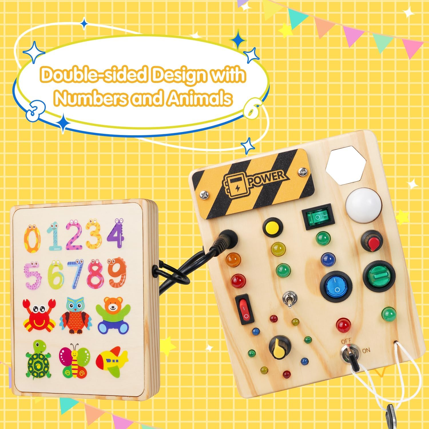 Holzspielzeug Busyboard für Kinder, doppelseitig, Zahlen und Tiere, Lernspielzeug.