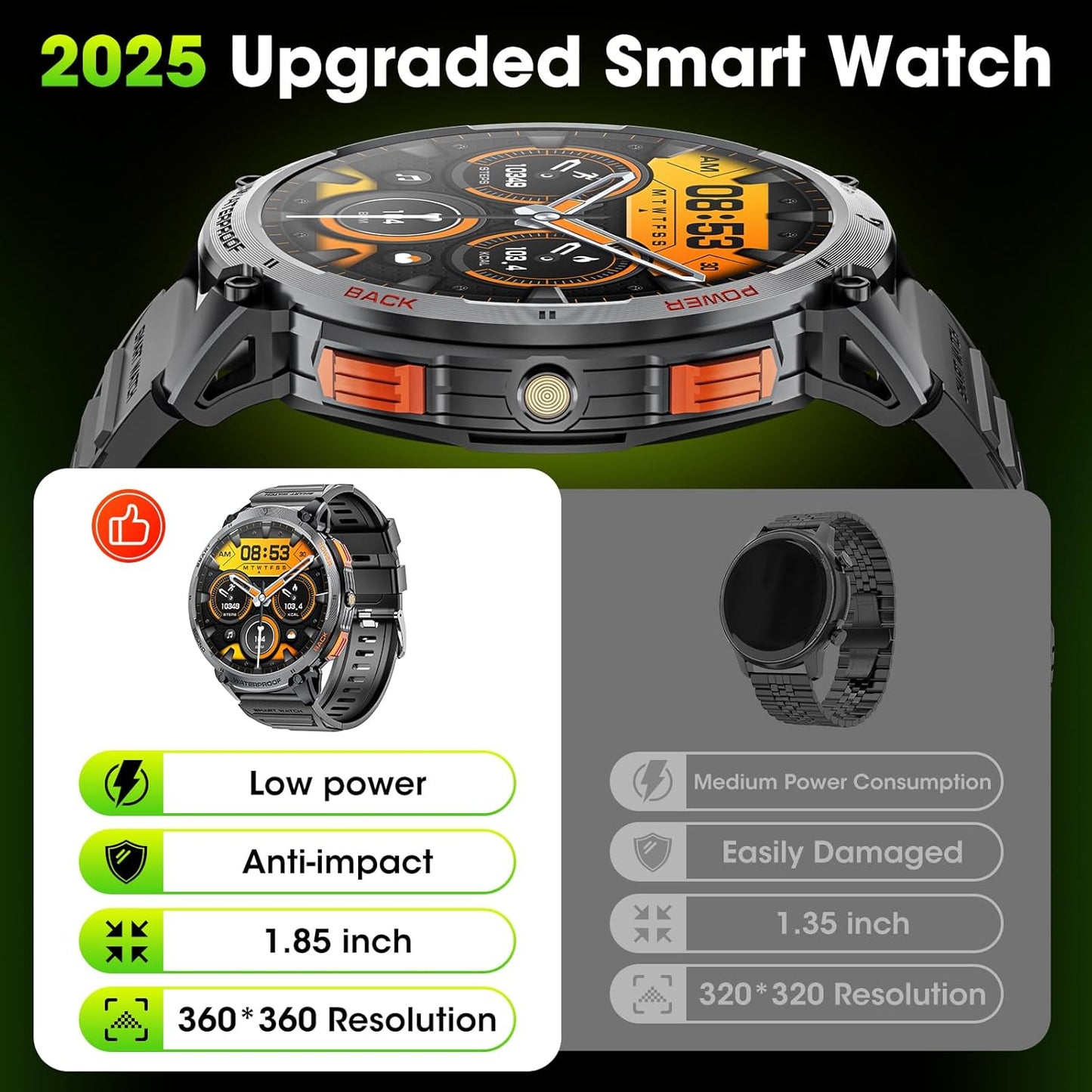 Militärische Smartwatch für Männer mit 1,85" HD-Bildschirm und Taschenlampe