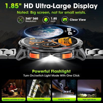 Militärische Smartwatch für Männer mit 1,85" HD-Bildschirm und Taschenlampe